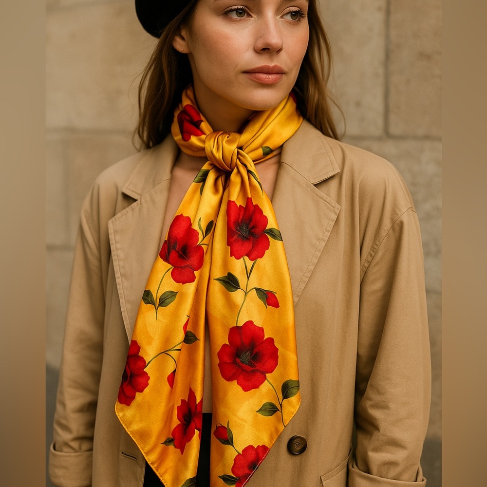 Elegant Red Floral Yellow Scarf